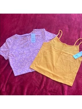 Wild Fable L Lilac Floral Crop Tee & Mustard Cami Tank Duo NWT
